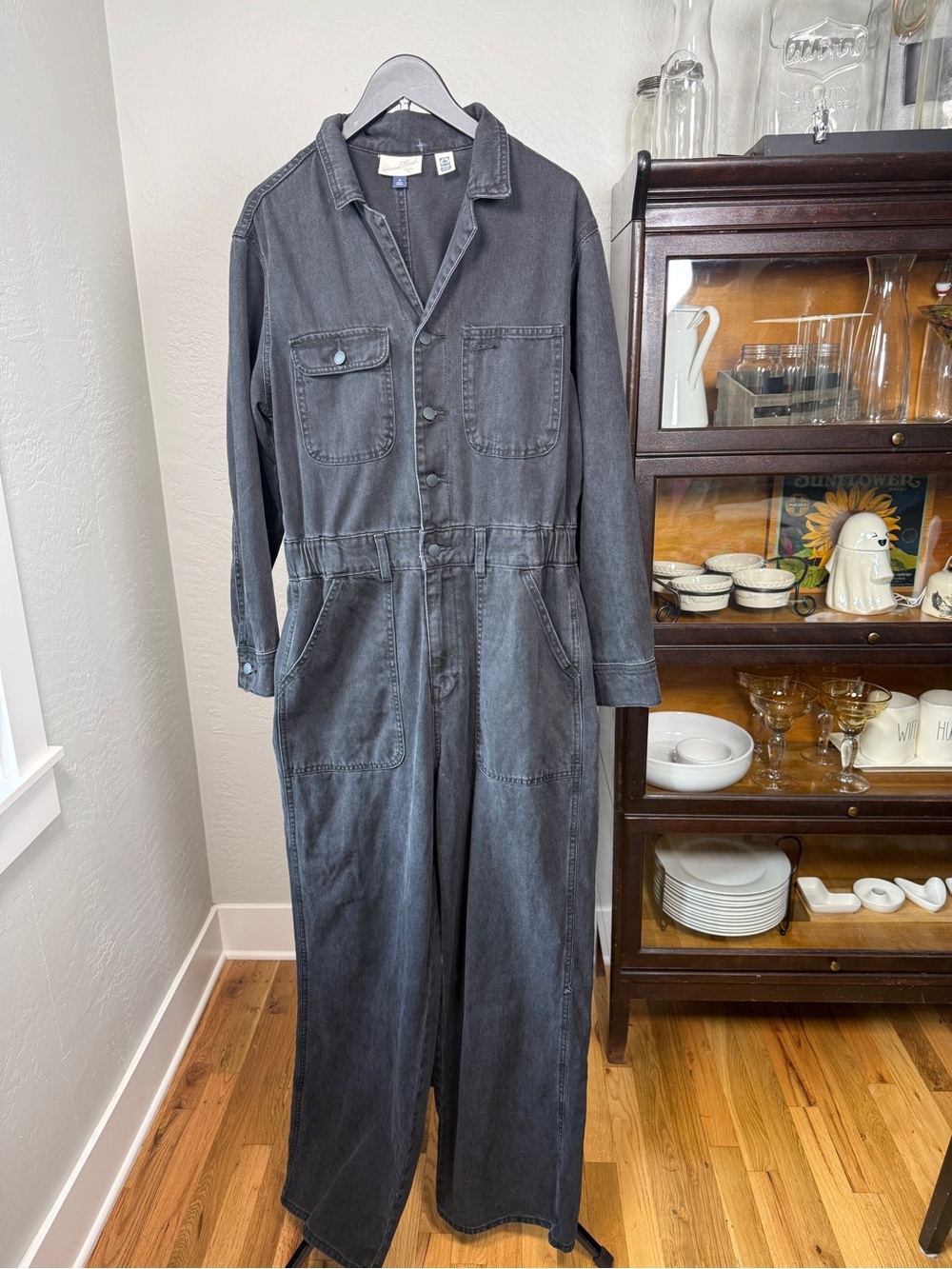 Universal Thread Black Denim Utility Jumpsuit Wide Leg Cotton Lyocell Size 12